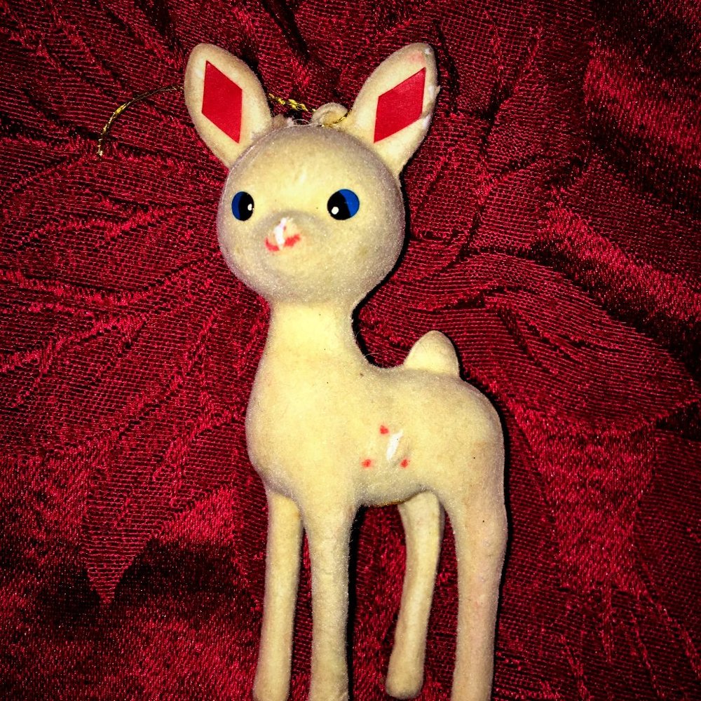 Vintage 1960's Flocked Plastic Reindeer Christmas ornament